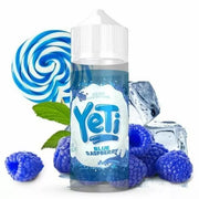 A 100ml bottle of YETI Blue Raspberry e-liquid with a label showing the YETI logo, blue raspberries, and ice cubes. The bottle is designed for vaping with a visible blue liquid inside.